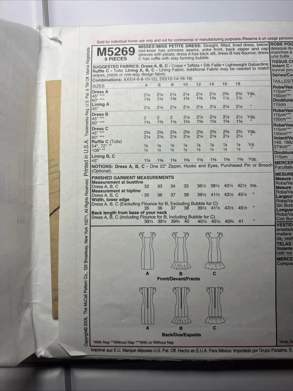 McCall’s Evening Elegance M5269 Dress Pattern Size AX5 Opened